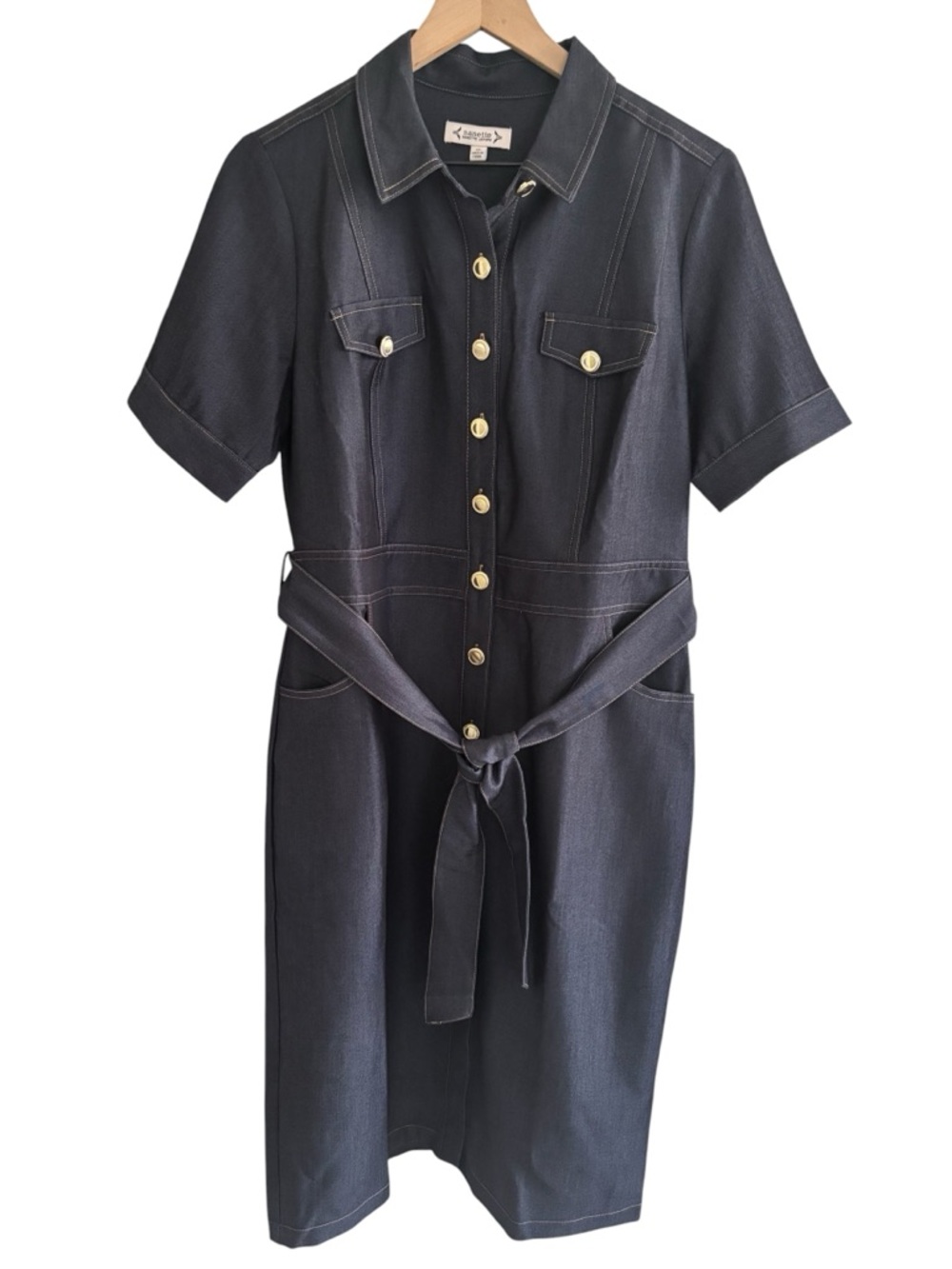 Nanette Lepore Shirt Dress Size 10 Dark Wash Button Front Belted Pockets Stretch